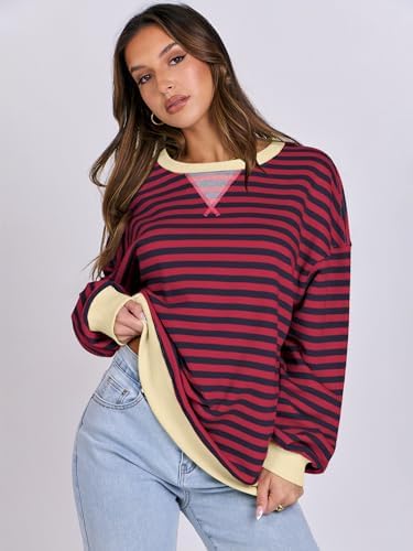 Women's Striped Oversized Crewneck Sweatshirt - Long Sleeve Pullover Trendy Top - Picture 150 of 155