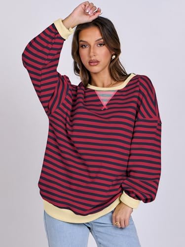 Women's Striped Oversized Crewneck Sweatshirt - Long Sleeve Pullover Trendy Top - Picture 151 of 155