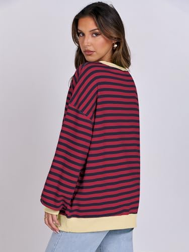Women's Striped Oversized Crewneck Sweatshirt - Long Sleeve Pullover Trendy Top - Picture 152 of 155