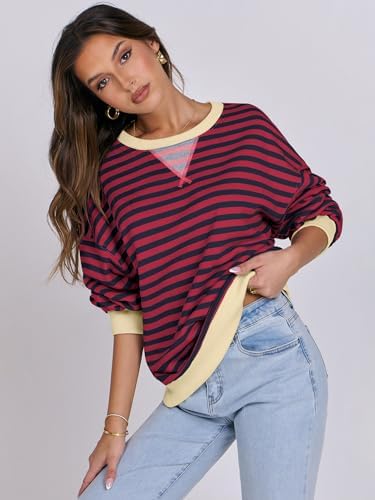 Women's Striped Oversized Crewneck Sweatshirt - Long Sleeve Pullover Trendy Top - Picture 153 of 155