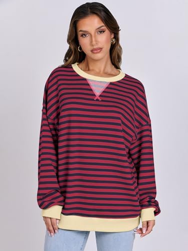 Women's Striped Oversized Crewneck Sweatshirt - Long Sleeve Pullover Trendy Top - Picture 154 of 155