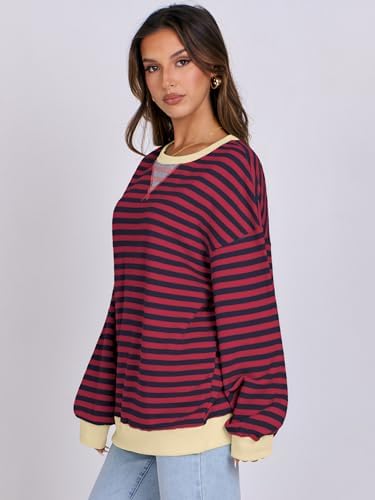 Women's Striped Oversized Crewneck Sweatshirt - Long Sleeve Pullover Trendy Top - Picture 155 of 155