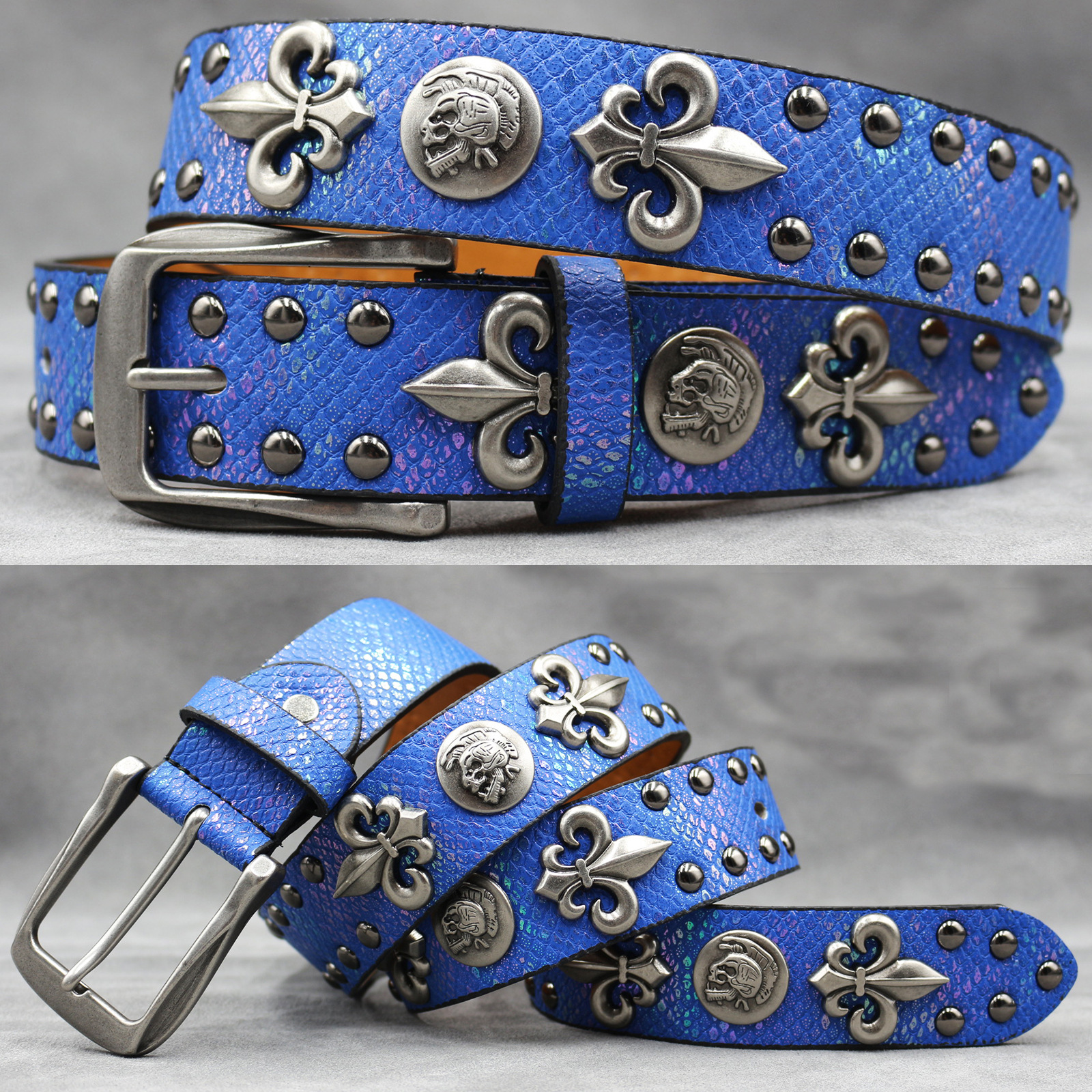 Skull Real Leather Waist Belt Heavy Metal Rivet Studded Waistband Punk Bike Belt