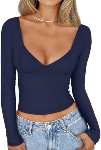 Women's Y2K Corset Top Long Sleeve V-Neck Bodycon Shirt Night Out Clothes - Picture 21 of 26