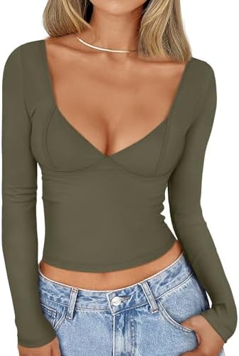 Women's Y2K Corset Top Long Sleeve V-Neck Bodycon Shirt Night Out Clothes - Picture 18 of 26