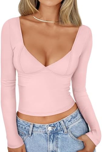 Women's Y2K Corset Top Long Sleeve V-Neck Bodycon Shirt Night Out Clothes - Picture 19 of 26