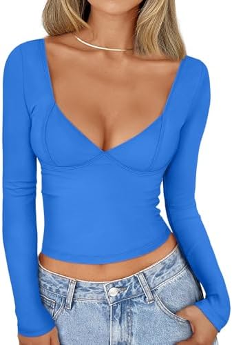 Women's Y2K Corset Top Long Sleeve V-Neck Bodycon Shirt Night Out Clothes - Picture 26 of 26