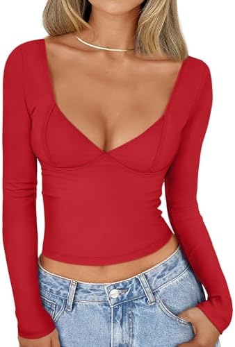 Women's Y2K Corset Top Long Sleeve V-Neck Bodycon Shirt Night Out Clothes - Picture 22 of 26