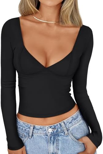 Women's Y2K Corset Top Long Sleeve V-Neck Bodycon Shirt Night Out Clothes - Picture 24 of 26