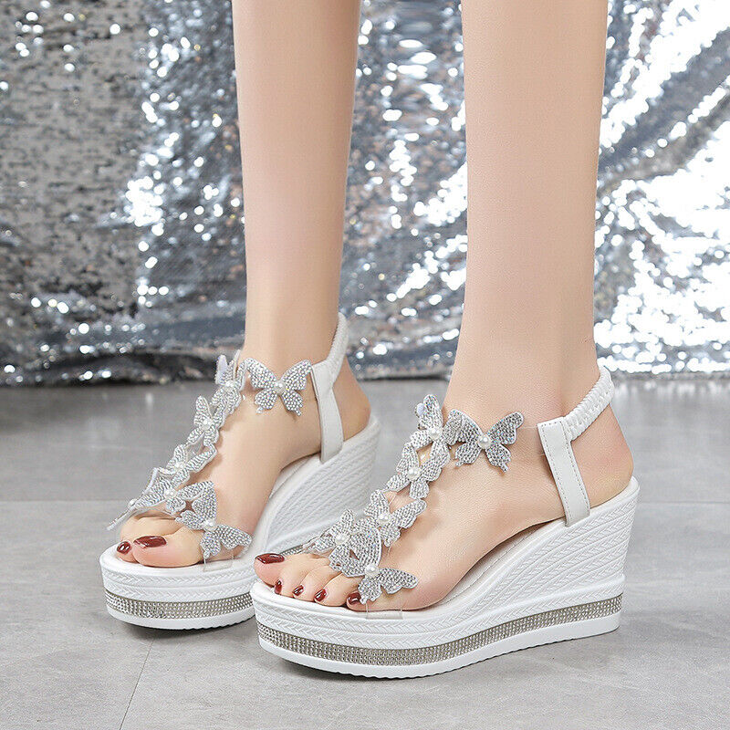 Sandalias de verano para mujer con diamantes de imitación mariposa zapatos cómodos plataforma tacón de cuña - Imagen 17 de 19