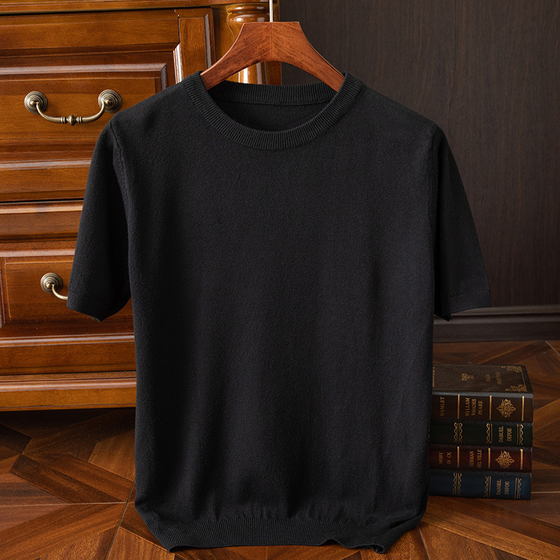 Mens Knitted O-Neck Breathable Thin Cashmer Short Sleeve Tee Solid Color Tops - Picture 24 of 34
