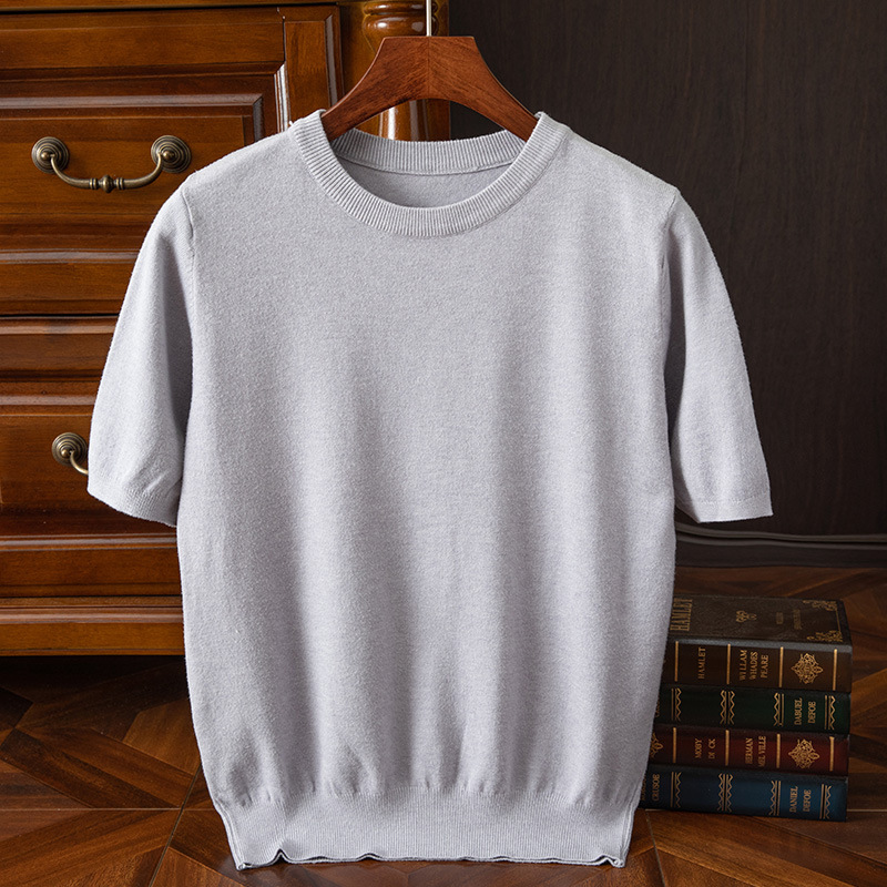 Mens Knitted O-Neck Breathable Thin Cashmer Short Sleeve Tee Solid Color Tops - Picture 25 of 34