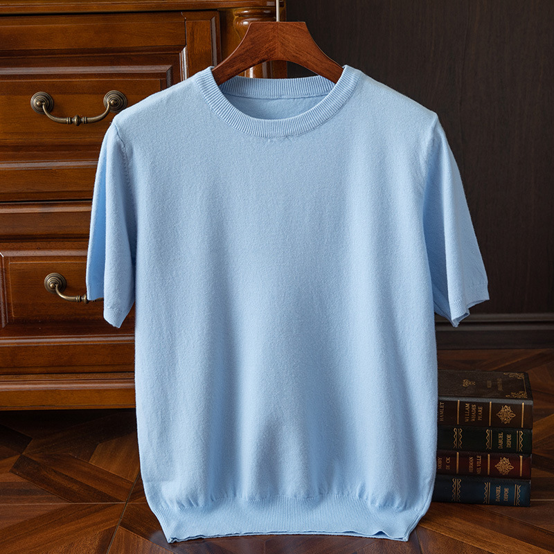 Mens Knitted O-Neck Breathable Thin Cashmer Short Sleeve Tee Solid Color Tops - Picture 26 of 34