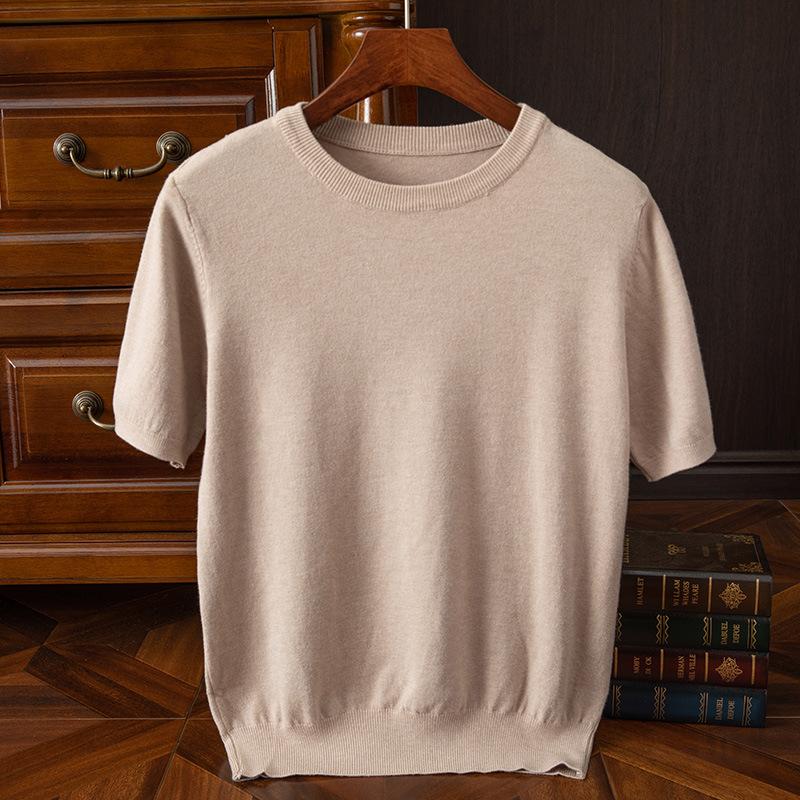 Mens Knitted O-Neck Breathable Thin Cashmer Short Sleeve Tee Solid Color Tops - Picture 27 of 34