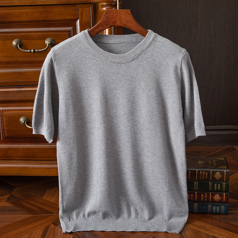 Mens Knitted O-Neck Breathable Thin Cashmer Short Sleeve Tee Solid Color Tops - Picture 28 of 34