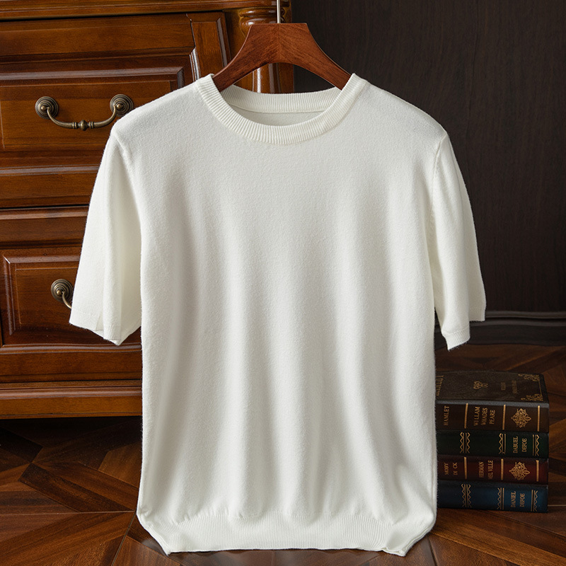 Mens Knitted O-Neck Breathable Thin Cashmer Short Sleeve Tee Solid Color Tops - Picture 29 of 34