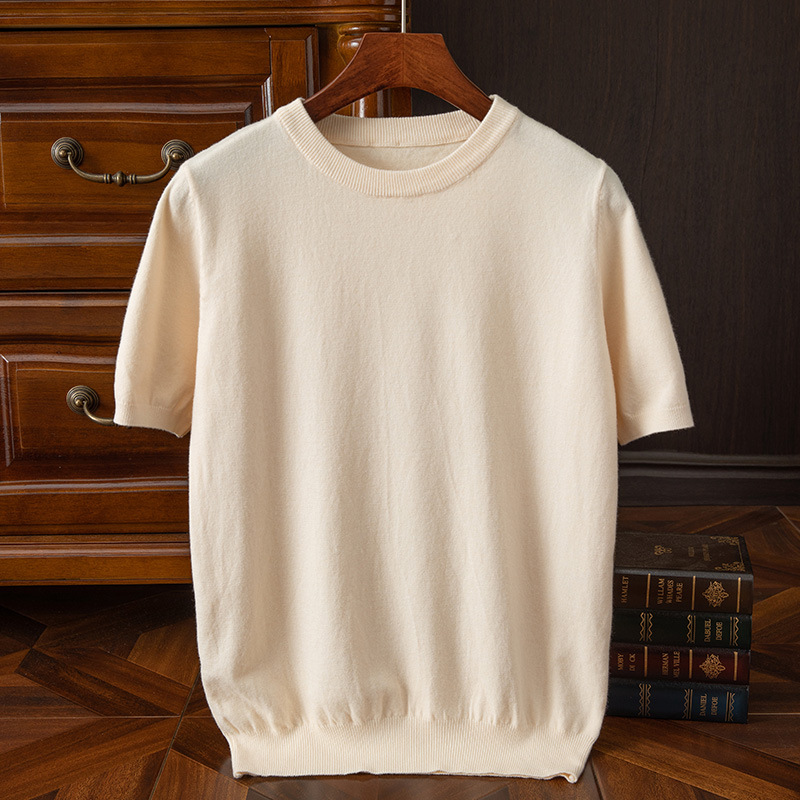 Mens Knitted O-Neck Breathable Thin Cashmer Short Sleeve Tee Solid Color Tops - Picture 30 of 34