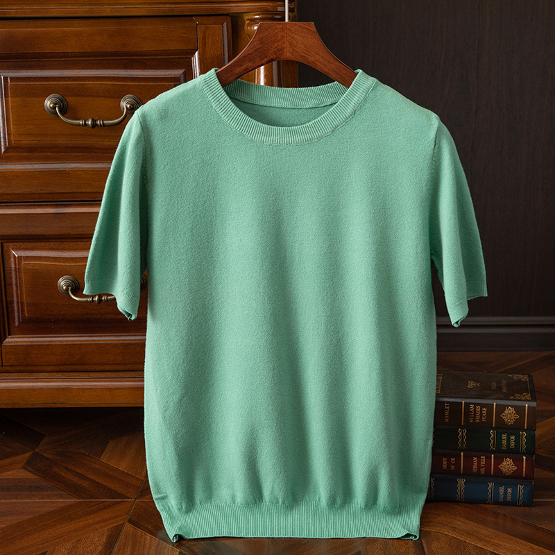 Mens Knitted O-Neck Breathable Thin Cashmer Short Sleeve Tee Solid Color Tops - Picture 31 of 34