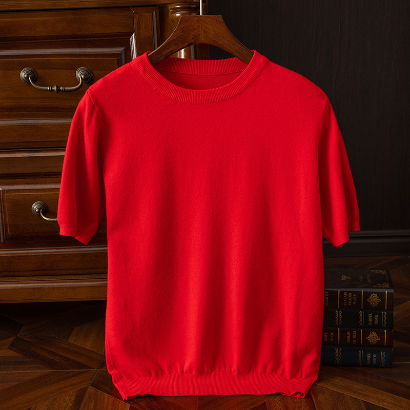 Mens Knitted O-Neck Breathable Thin Cashmer Short Sleeve Tee Solid Color Tops - Picture 32 of 34