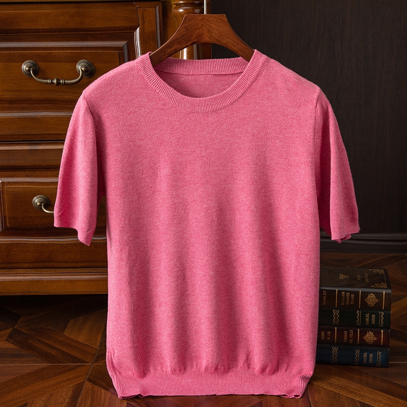 Mens Knitted O-Neck Breathable Thin Cashmer Short Sleeve Tee Solid Color Tops - Picture 33 of 34
