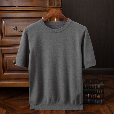 Mens Knitted O-Neck Breathable Thin Cashmer Short Sleeve Tee Solid Color Tops - Picture 34 of 34