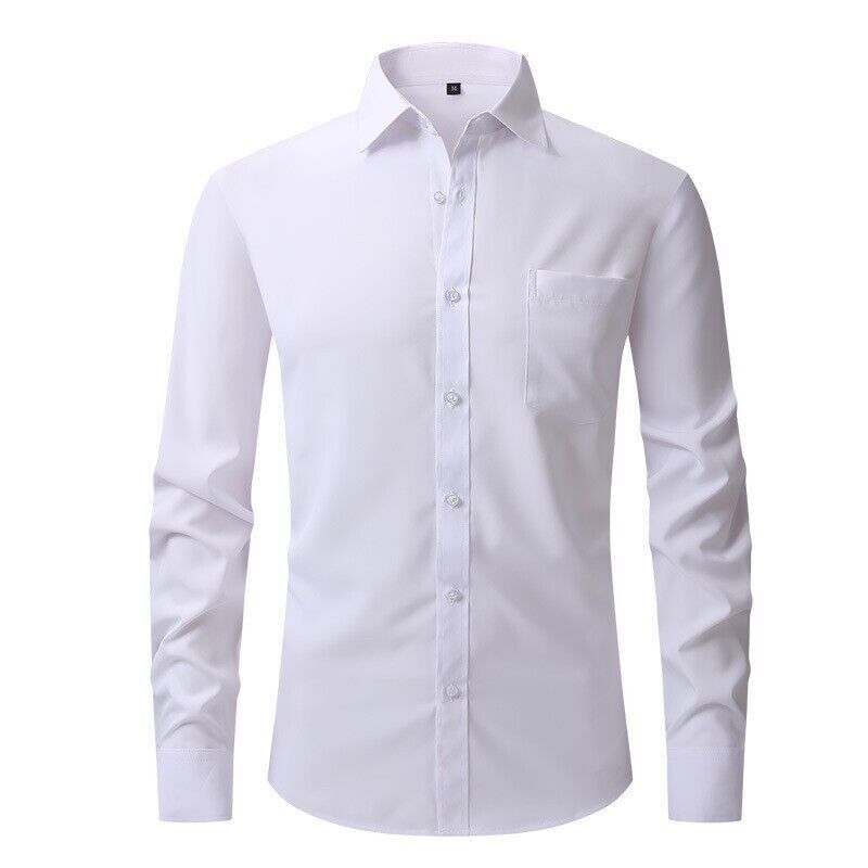 Camisa de vestir formal de color liso manga larga abotonada calce ajustado elástico para hombre - Imagen 8 de 22