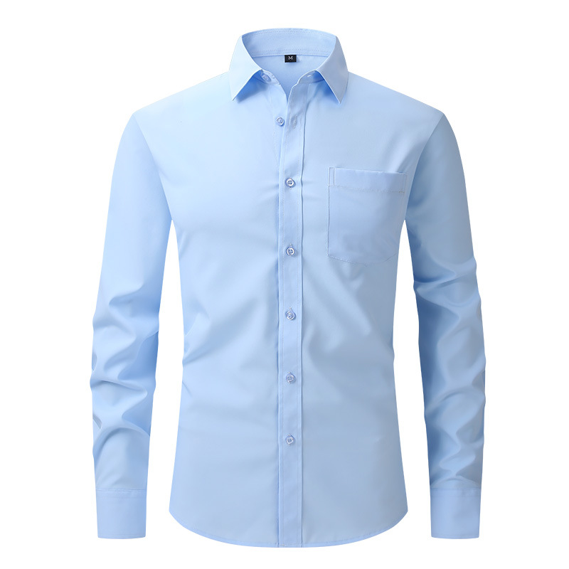 Camisa de vestir formal de color liso manga larga abotonada calce ajustado elástico para hombre - Imagen 9 de 22
