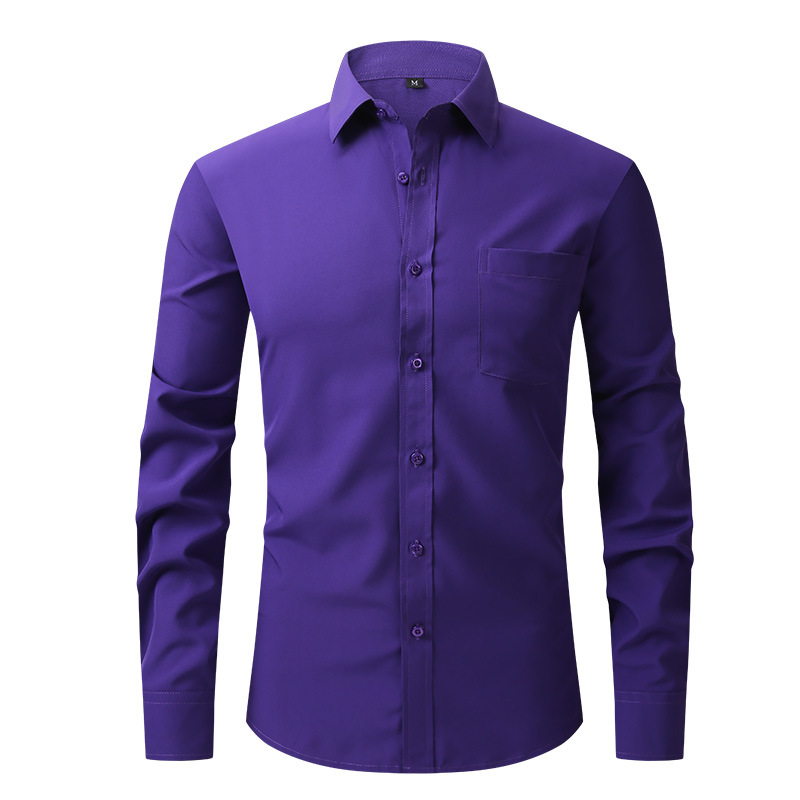 Camisa de vestir formal de color liso manga larga abotonada calce ajustado elástico para hombre - Imagen 10 de 22
