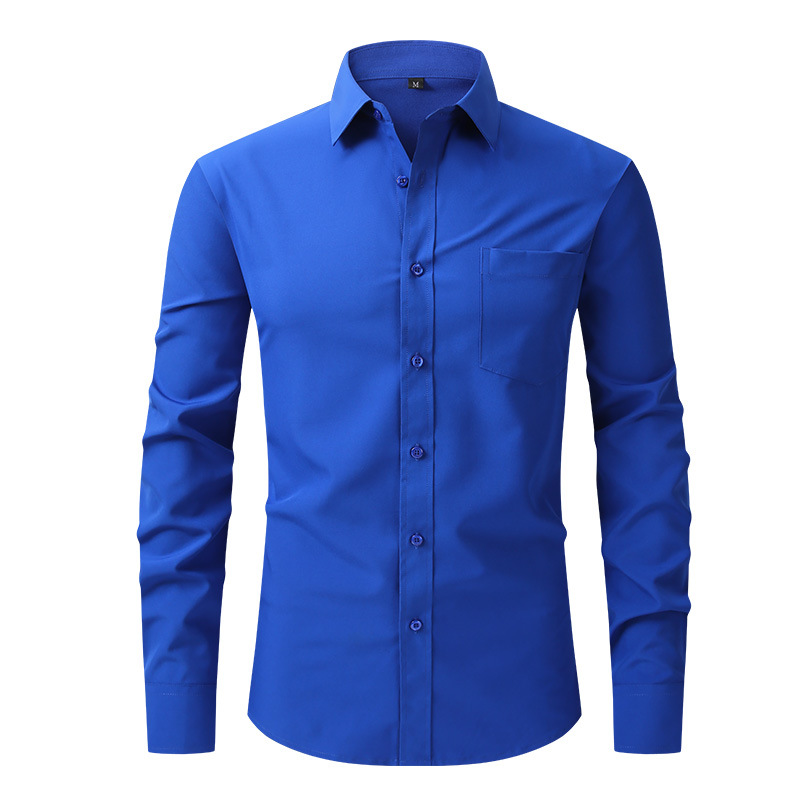 Camisa de vestir formal de color liso manga larga abotonada calce ajustado elástico para hombre - Imagen 11 de 22