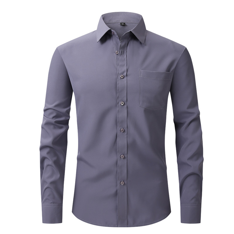 Camisa de vestir formal de color liso manga larga abotonada calce ajustado elástico para hombre - Imagen 12 de 22
