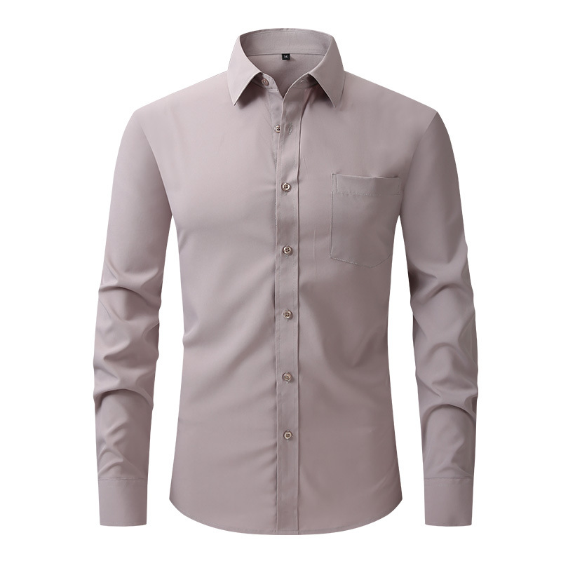 Camisa de vestir formal de color liso manga larga abotonada calce ajustado elástico para hombre - Imagen 13 de 22