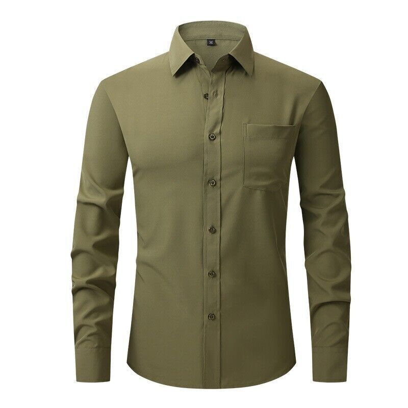 Camisa de vestir formal de color liso manga larga abotonada calce ajustado elástico para hombre - Imagen 14 de 22