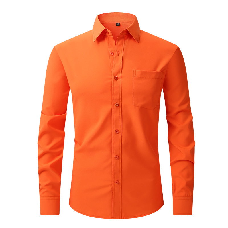Camisa de vestir formal de color liso manga larga abotonada calce ajustado elástico para hombre - Imagen 15 de 22