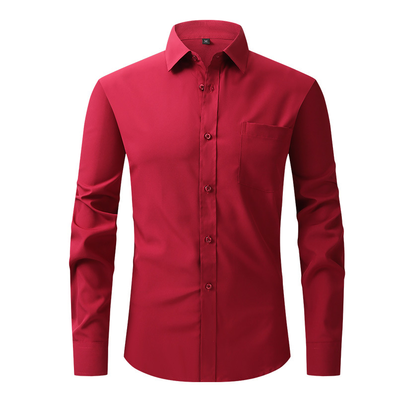 Camisa de vestir formal de color liso manga larga abotonada calce ajustado elástico para hombre - Imagen 16 de 22