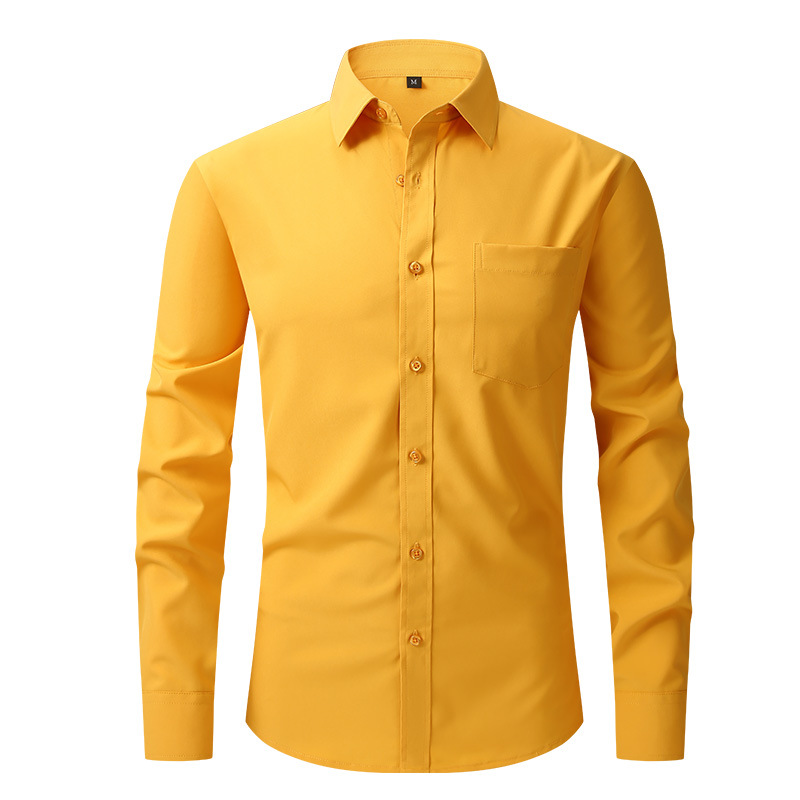 Camisa de vestir formal de color liso manga larga abotonada calce ajustado elástico para hombre - Imagen 17 de 22