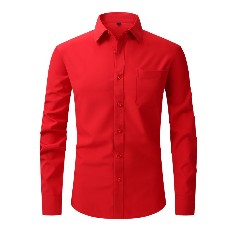 Camisa de vestir formal de color liso manga larga abotonada calce ajustado elástico para hombre - Imagen 18 de 22