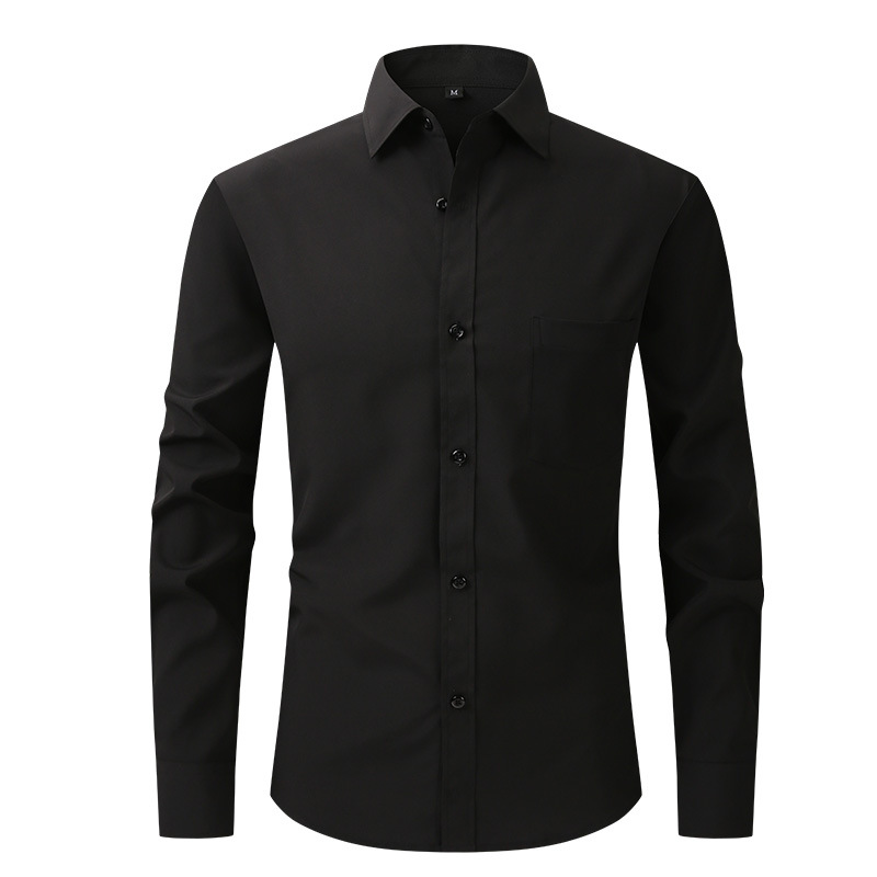 Camisa de vestir formal de color liso manga larga abotonada calce ajustado elástico para hombre - Imagen 19 de 22