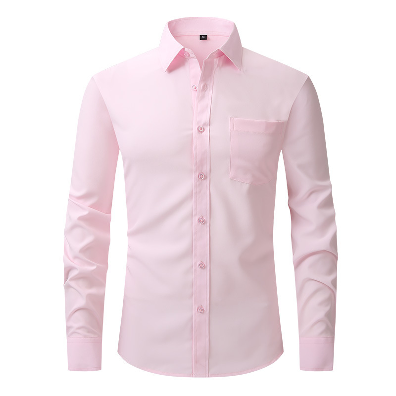 Camisa de vestir formal de color liso manga larga abotonada calce ajustado elástico para hombre - Imagen 20 de 22