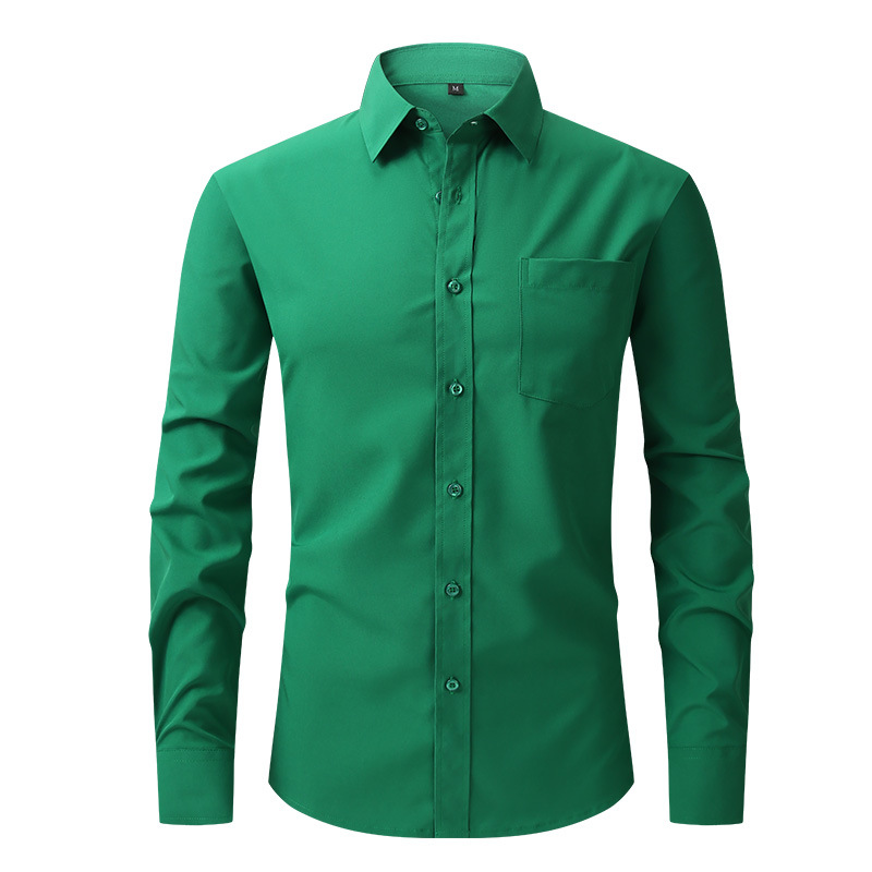 Camisa de vestir formal de color liso manga larga abotonada calce ajustado elástico para hombre - Imagen 21 de 22