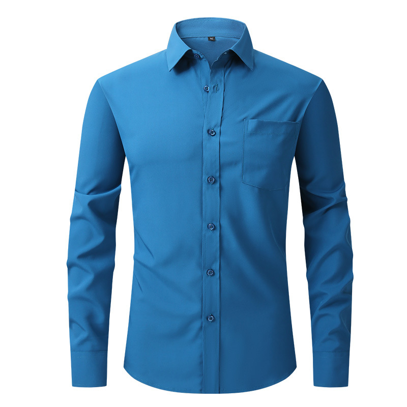 Camisa de vestir formal de color liso manga larga abotonada calce ajustado elástico para hombre - Imagen 22 de 22