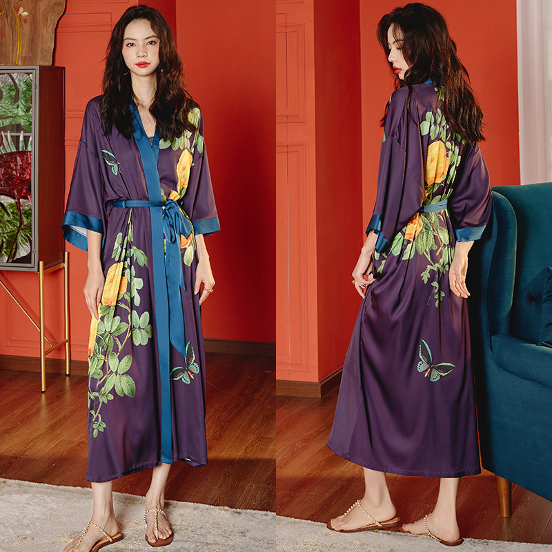 Satin Sleepwear Women Summer Luxury 3/4 Sleeve Nightgown Bathrobe Plus Size - Picture 24 of 52