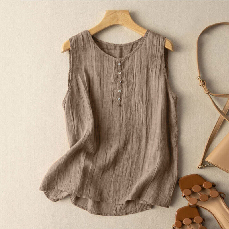 Summer Tank Vest Shirt Cotton Linen Sleeveless O-Neck Tops Blouse Tee Ladies - Picture 17 of 18