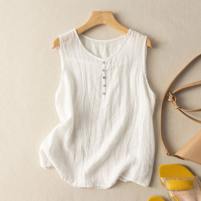 Summer Tank Vest Shirt Cotton Linen Sleeveless O-Neck Tops Blouse Tee Ladies - Picture 16 of 18