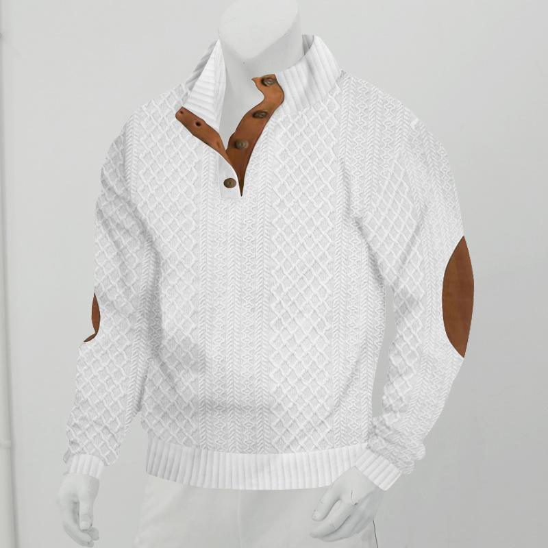 Men's Jacquard Sweatshirt Stand Collar Slim Long Sleeve Top Knit Pullover Hoodie - Picture 25 of 32