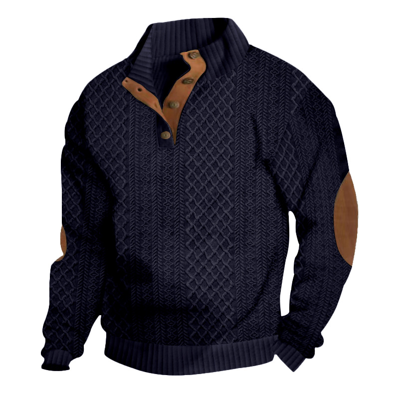 Men's Jacquard Sweatshirt Stand Collar Slim Long Sleeve Top Knit Pullover Hoodie - Picture 30 of 32
