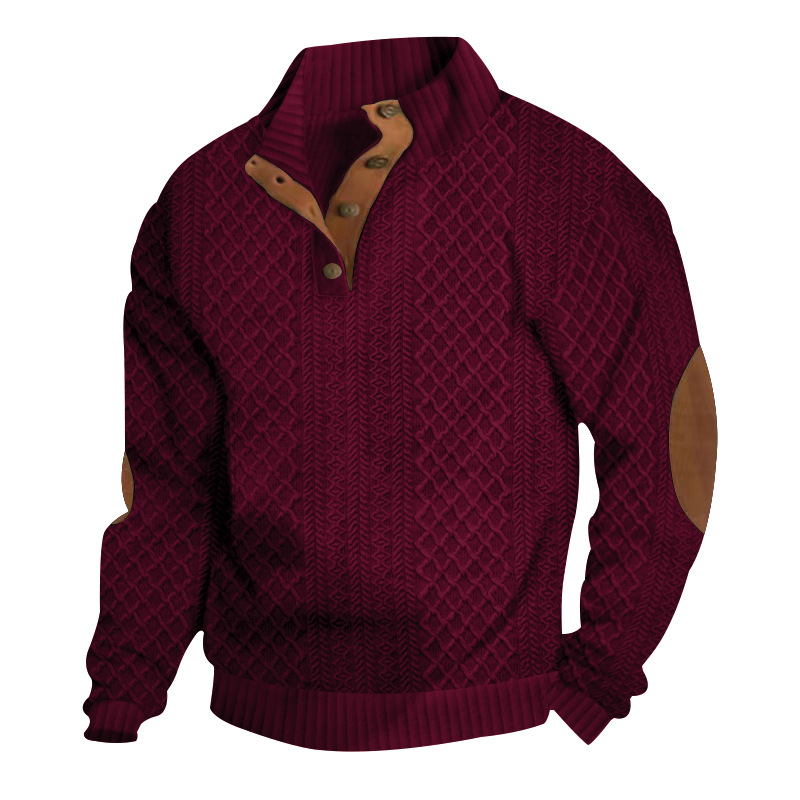 Men's Jacquard Sweatshirt Stand Collar Slim Long Sleeve Top Knit Pullover Hoodie - Picture 32 of 32