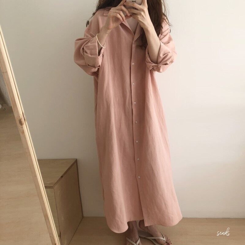 Women Cotton blend Lapel Shirt Dress Long Sleeve Maxi Dress Button Loose - Picture 20 of 22
