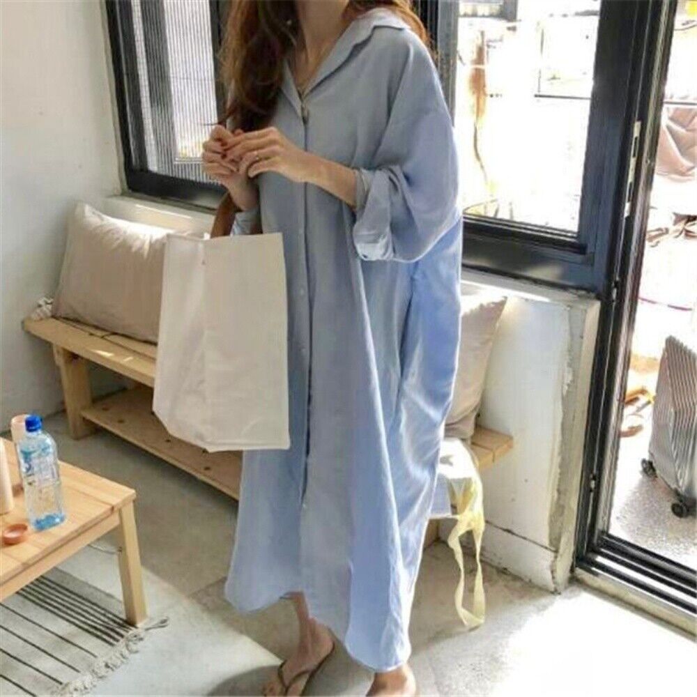 Women Cotton blend Lapel Shirt Dress Long Sleeve Maxi Dress Button Loose - Picture 21 of 22
