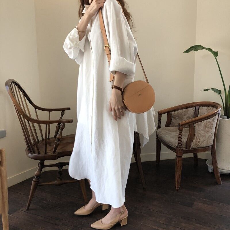 Women Cotton blend Lapel Shirt Dress Long Sleeve Maxi Dress Button Loose - Picture 18 of 22