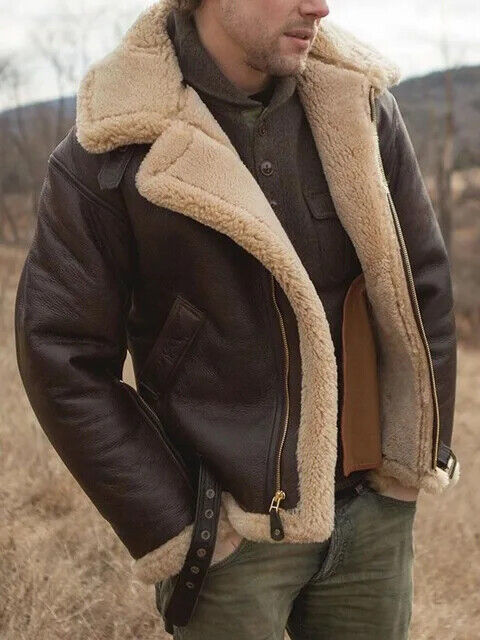 New Men's RAF Aviator Faux Leather Jacket Coat B3 Sheep Skin Pilot Flying Coat - Imagen 11 de 11